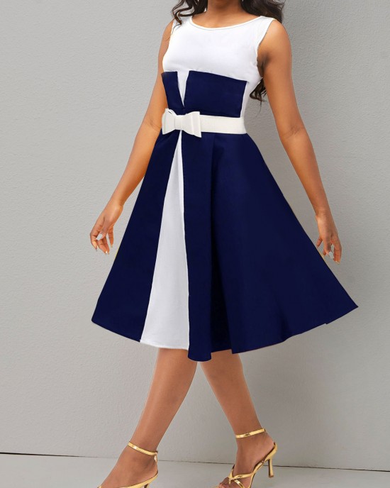 Color Block Bowknot Faux Two Piece High Waist Dress