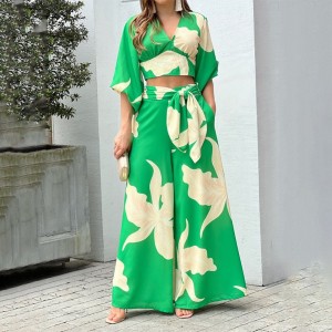 Ladies Elegant Print V-Neck Balloon Sleeve Shirt High Waist Wide Leg Pants Two Piece Set