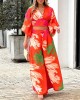 Ladies Elegant Print V-Neck Balloon Sleeve Shirt High Waist Wide Leg Pants Two Piece Set