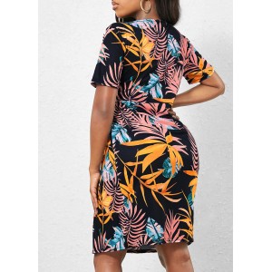 Navy Blue V Neck Leaf Print Dress