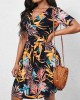 Navy Blue V Neck Leaf Print Dress