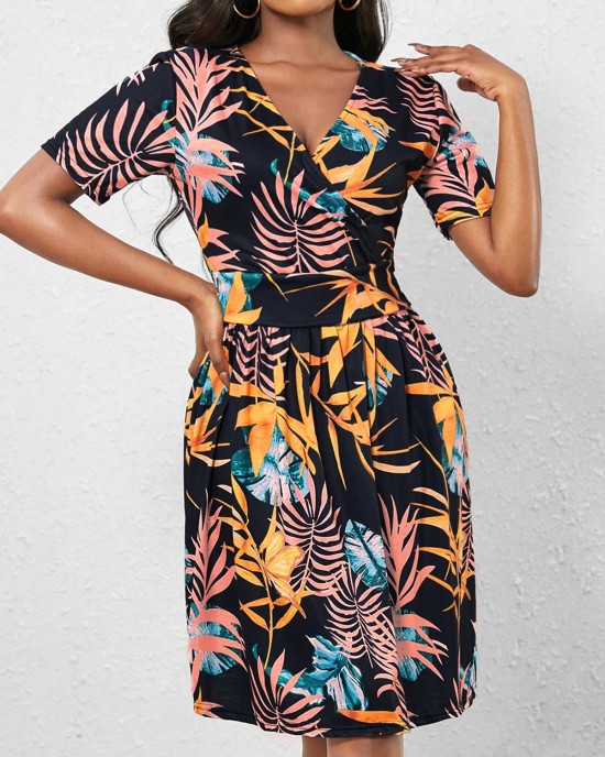 Navy Blue V Neck Leaf Print Dress