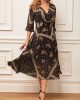 Black Chiffon Floral Print V Neck Dress