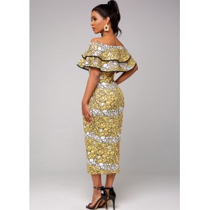 Ruffle Overlay Printed Off Shoulder Dress