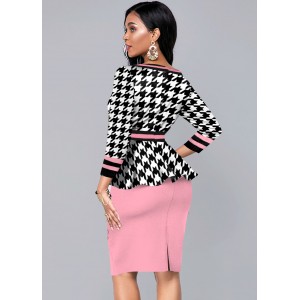 Houndstooth Print Pink Peplum Waist Dress