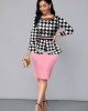 Houndstooth Print Pink Peplum Waist Dress