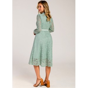 Bowknot Belted Lace Trim Mock Neck Sage Green Dress