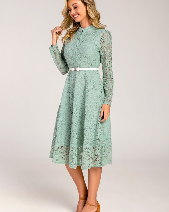 Bowknot Belted Lace Trim Mock Neck Sage Green Dress