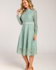 Bowknot Belted Lace Trim Mock Neck Sage Green Dress