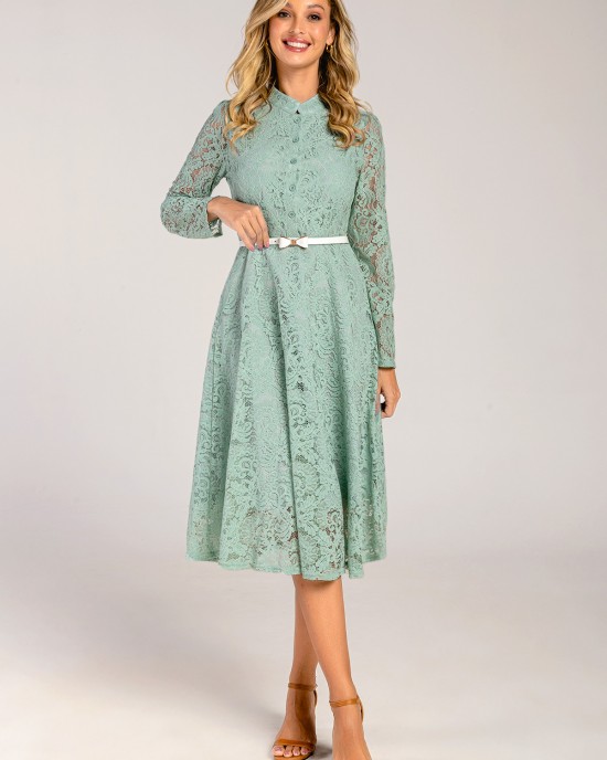 Bowknot Belted Lace Trim Mock Neck Sage Green Dress