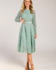 Bowknot Belted Lace Trim Mock Neck Sage Green Dress