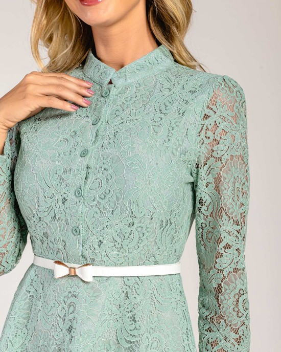 Bowknot Belted Lace Trim Mock Neck Sage Green Dress