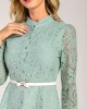 Bowknot Belted Lace Trim Mock Neck Sage Green Dress