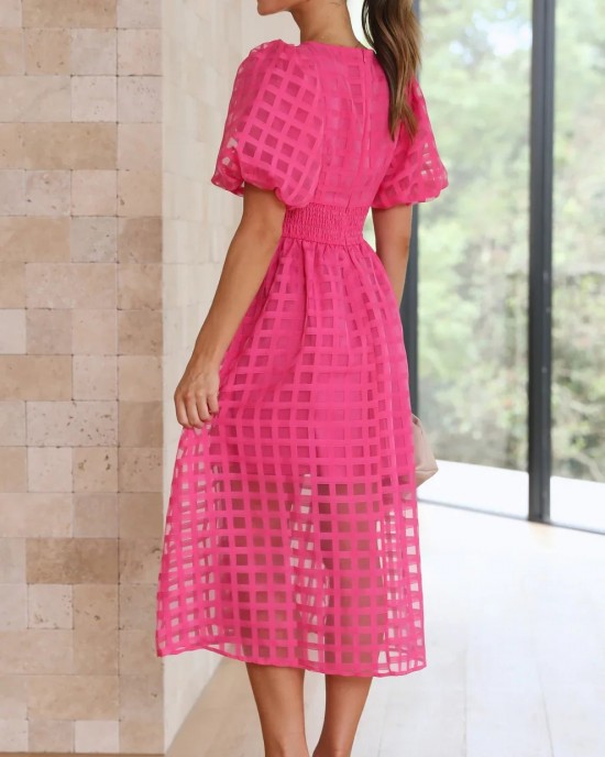 ??Time-limited promotion 49% OFF?? Beauty Square Patterned Fabric Puff Sleeve Midi Dress