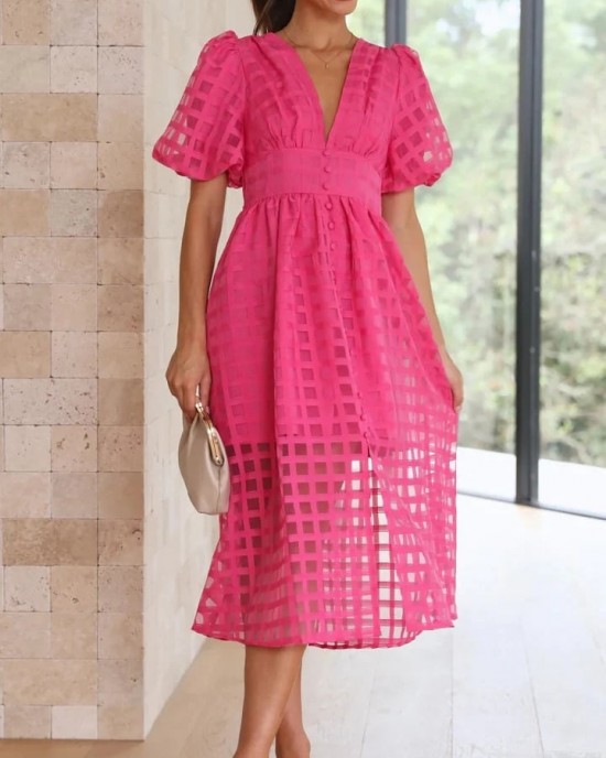 ??Time-limited promotion 49% OFF?? Beauty Square Patterned Fabric Puff Sleeve Midi Dress