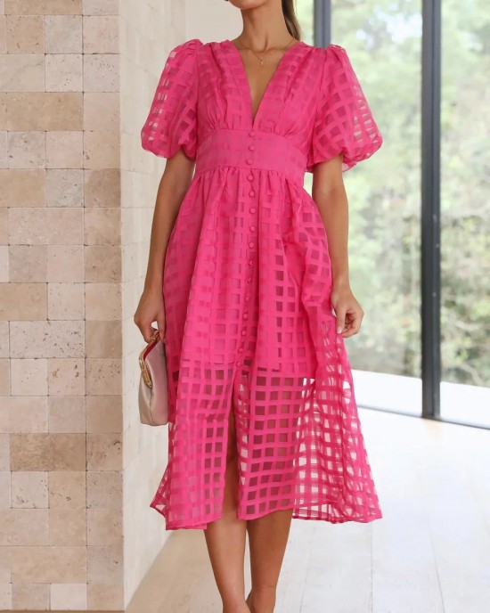 ??Time-limited promotion 49% OFF?? Beauty Square Patterned Fabric Puff Sleeve Midi Dress