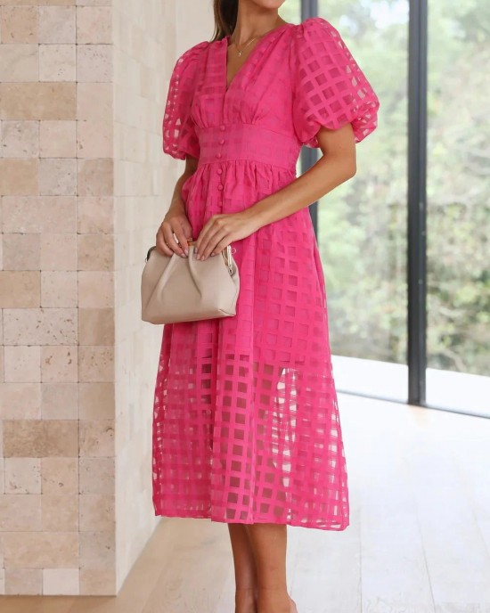 ??Time-limited promotion 49% OFF?? Beauty Square Patterned Fabric Puff Sleeve Midi Dress