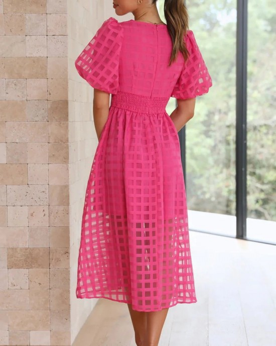 ??Time-limited promotion 49% OFF?? Beauty Square Patterned Fabric Puff Sleeve Midi Dress