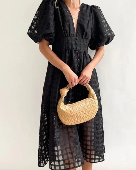 ??Time-limited promotion 49% OFF?? Beauty Square Patterned Fabric Puff Sleeve Midi Dress