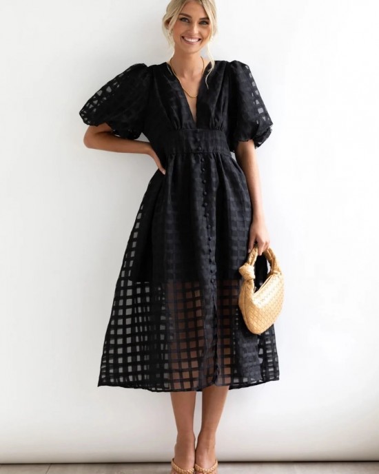 ??Time-limited promotion 49% OFF?? Beauty Square Patterned Fabric Puff Sleeve Midi Dress