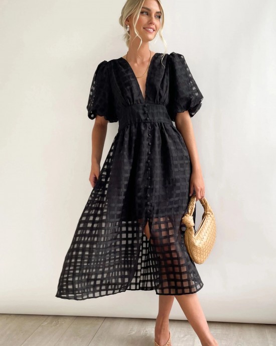 ??Time-limited promotion 49% OFF?? Beauty Square Patterned Fabric Puff Sleeve Midi Dress