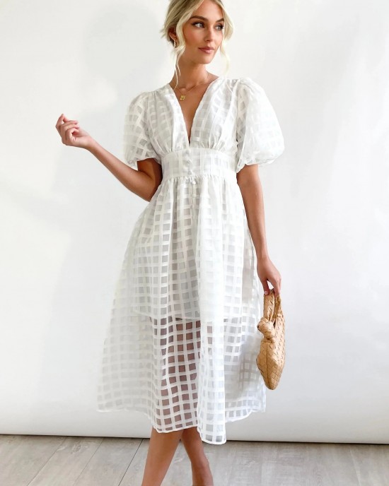 ??Time-limited promotion 49% OFF?? Beauty Square Patterned Fabric Puff Sleeve Midi Dress