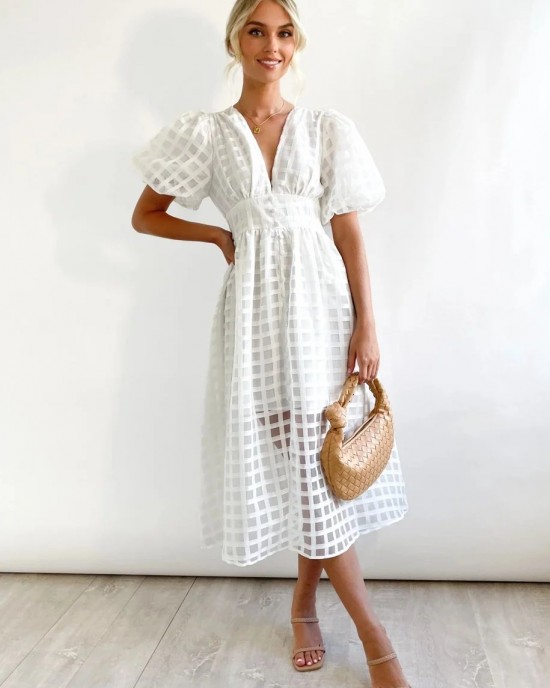 ??Time-limited promotion 49% OFF?? Beauty Square Patterned Fabric Puff Sleeve Midi Dress