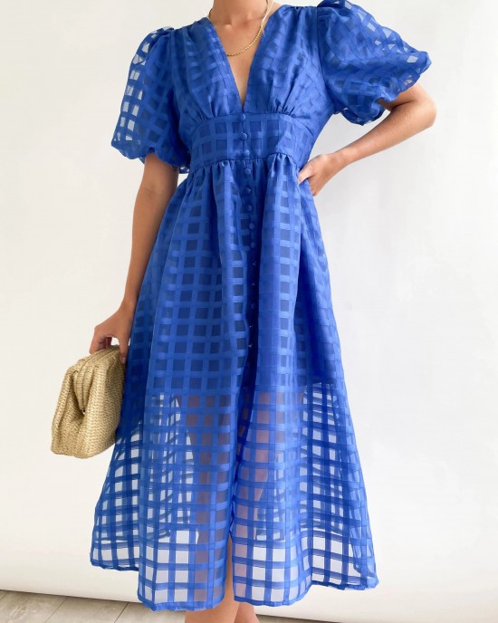 ??Time-limited promotion 49% OFF?? Beauty Square Patterned Fabric Puff Sleeve Midi Dress