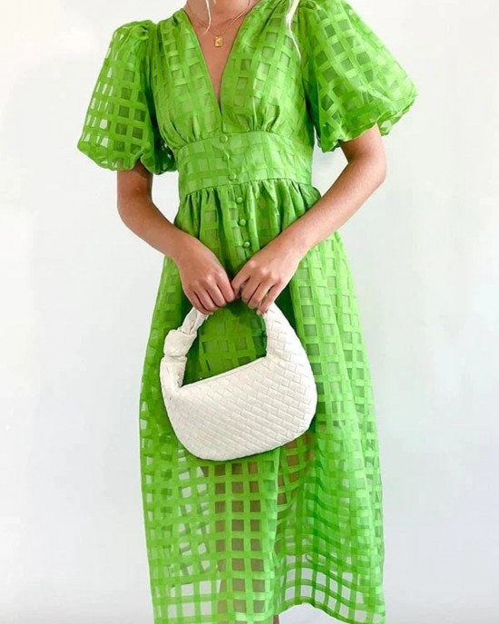 ??Time-limited promotion 49% OFF?? Beauty Square Patterned Fabric Puff Sleeve Midi Dress