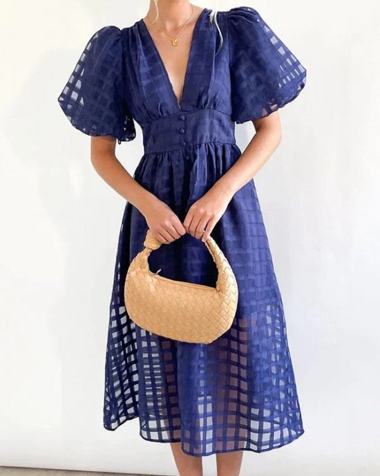 ??Time-limited promotion 49% OFF?? Beauty Square Patterned Fabric Puff Sleeve Midi Dress