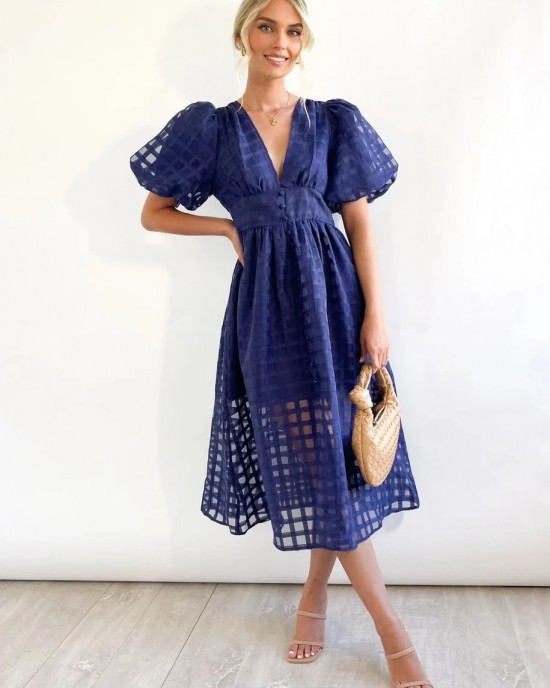 ??Time-limited promotion 49% OFF?? Beauty Square Patterned Fabric Puff Sleeve Midi Dress