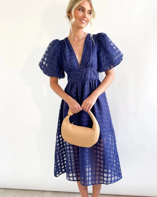 ??Time-limited promotion 49% OFF?? Beauty Square Patterned Fabric Puff Sleeve Midi Dress