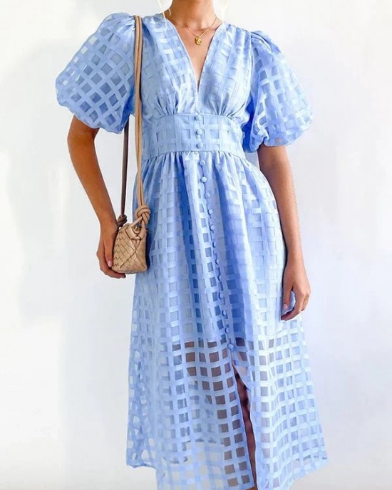 ??Time-limited promotion 49% OFF?? Beauty Square Patterned Fabric Puff Sleeve Midi Dress