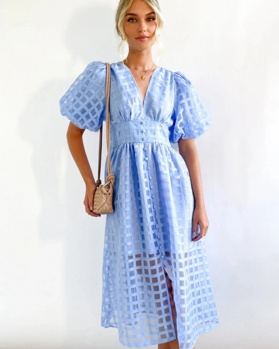 ??Time-limited promotion 49% OFF?? Beauty Square Patterned Fabric Puff Sleeve Midi Dress