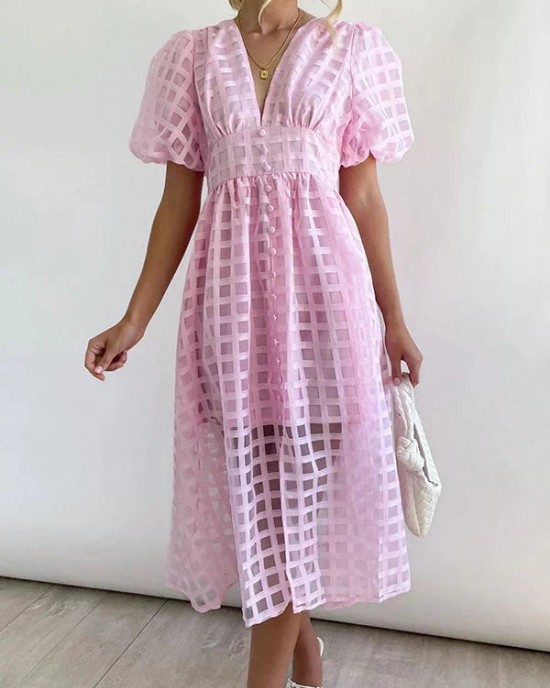 ??Time-limited promotion 49% OFF?? Beauty Square Patterned Fabric Puff Sleeve Midi Dress