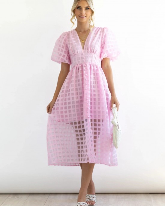 ??Time-limited promotion 49% OFF?? Beauty Square Patterned Fabric Puff Sleeve Midi Dress