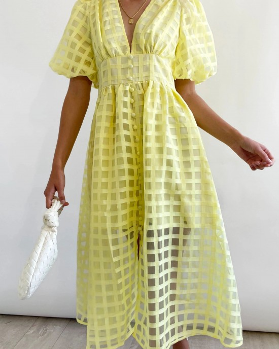 ??Time-limited promotion 49% OFF?? Beauty Square Patterned Fabric Puff Sleeve Midi Dress