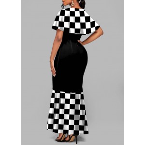 Short Sleeve Round Neck Checkerboard Pattern Mermaid Dress