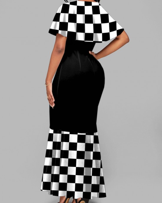 Short Sleeve Round Neck Checkerboard Pattern Mermaid Dress