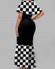 Short Sleeve Round Neck Checkerboard Pattern Mermaid Dress