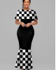 Short Sleeve Round Neck Checkerboard Pattern Mermaid Dress