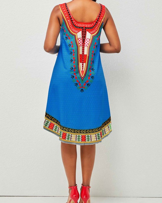 Wide Strap Tribal Print Round Neck Dress