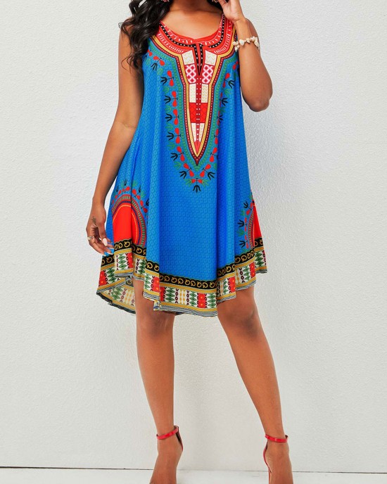 Wide Strap Tribal Print Round Neck Dress