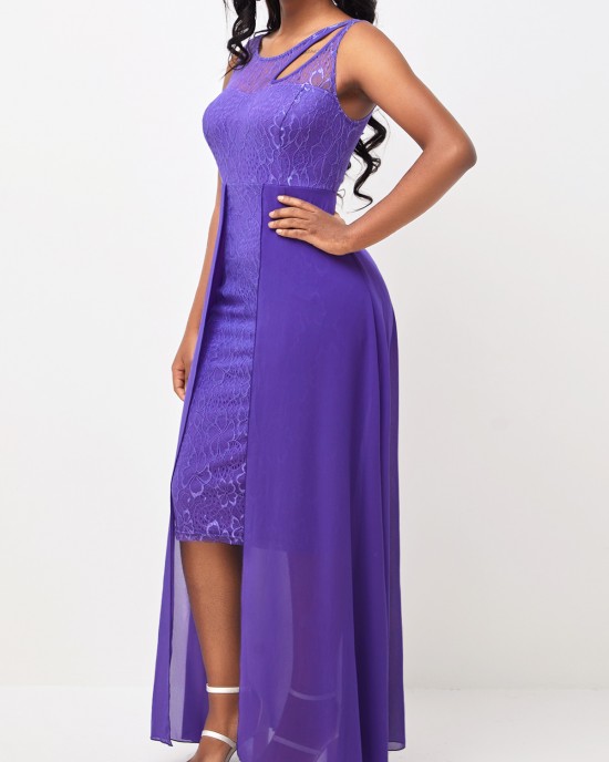 Chiffon Cutout Lace Patchwork Lavender Dress