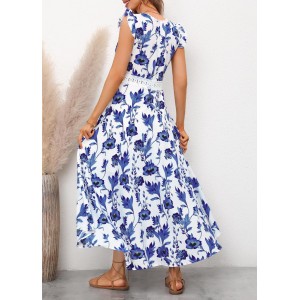 Ruffle Sleeve Floral Print Blue Lace Stitching Dress