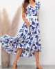 Ruffle Sleeve Floral Print Blue Lace Stitching Dress