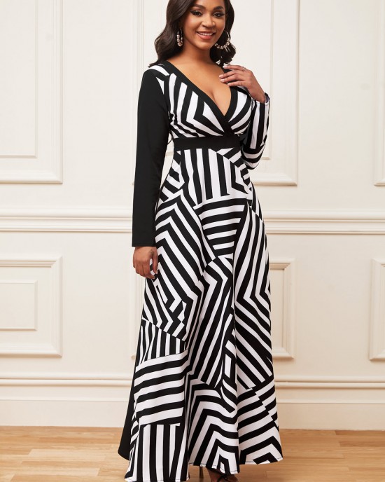 Geometric Print Long Sleeve Black Maxi Dress