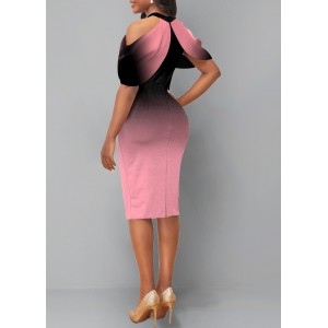 Ombre Bib Neck Cold Shoulder Pink Dress