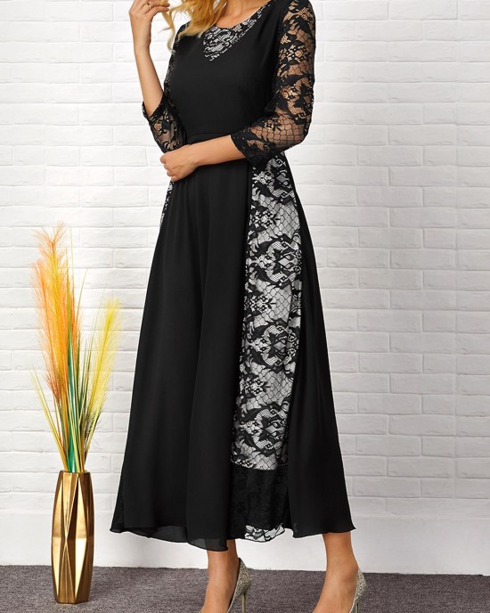 3/4 Sleeve Lace Patchwork Round Neck Dress