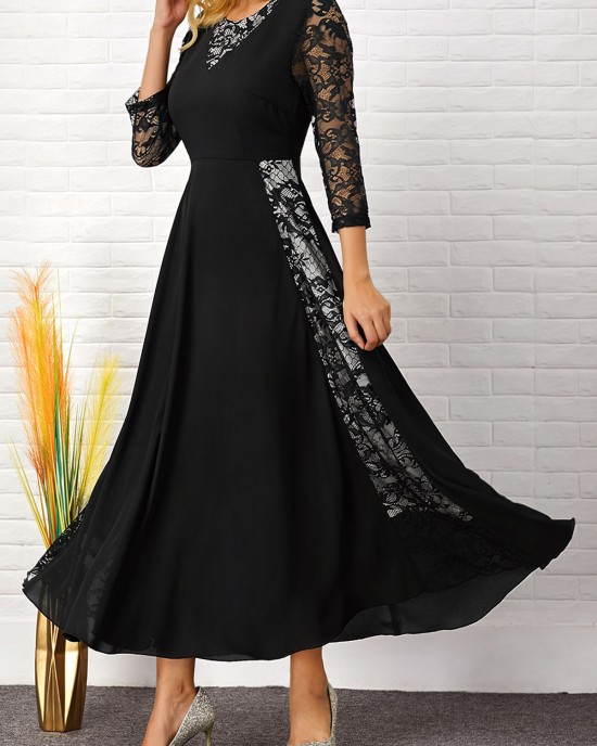 3/4 Sleeve Lace Patchwork Round Neck Dress